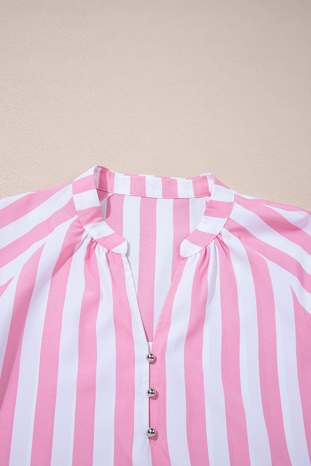 Rose Stripe Split Neck Button Decor Front Puff Sleeve Blouse 🇺🇸