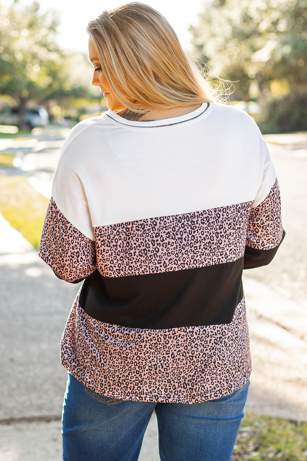 Black Leopard Print Colorblock V Neck Long Sleeve Plus Size Top 🇺🇸