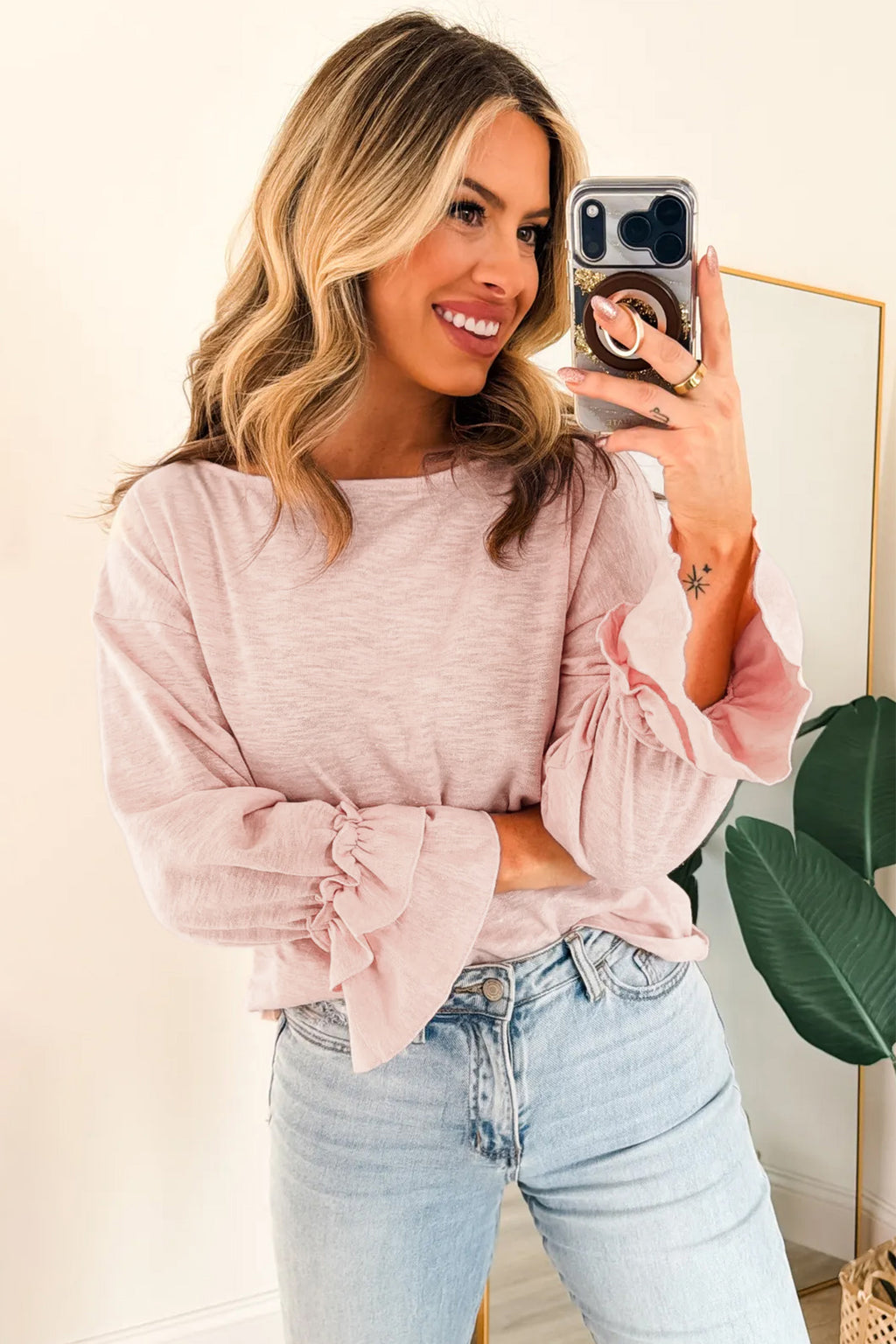 Gossamer Pink Ruffle Sleeve Long Sleeve Loose Pullover Top 🇬🇧