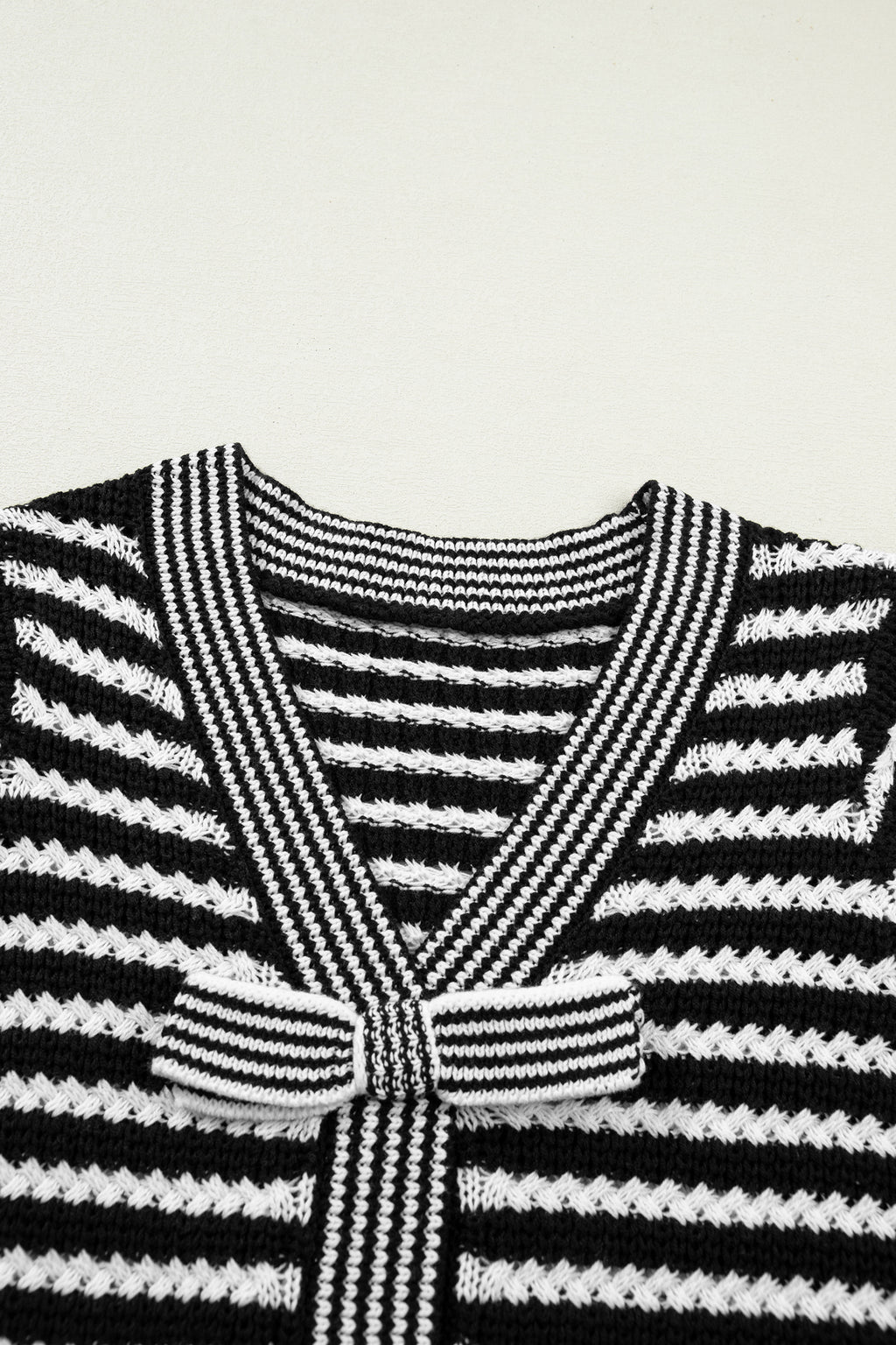 Black Stripe Short Sleeve Knit V Neck Bow Knot Sweater 🇺🇸