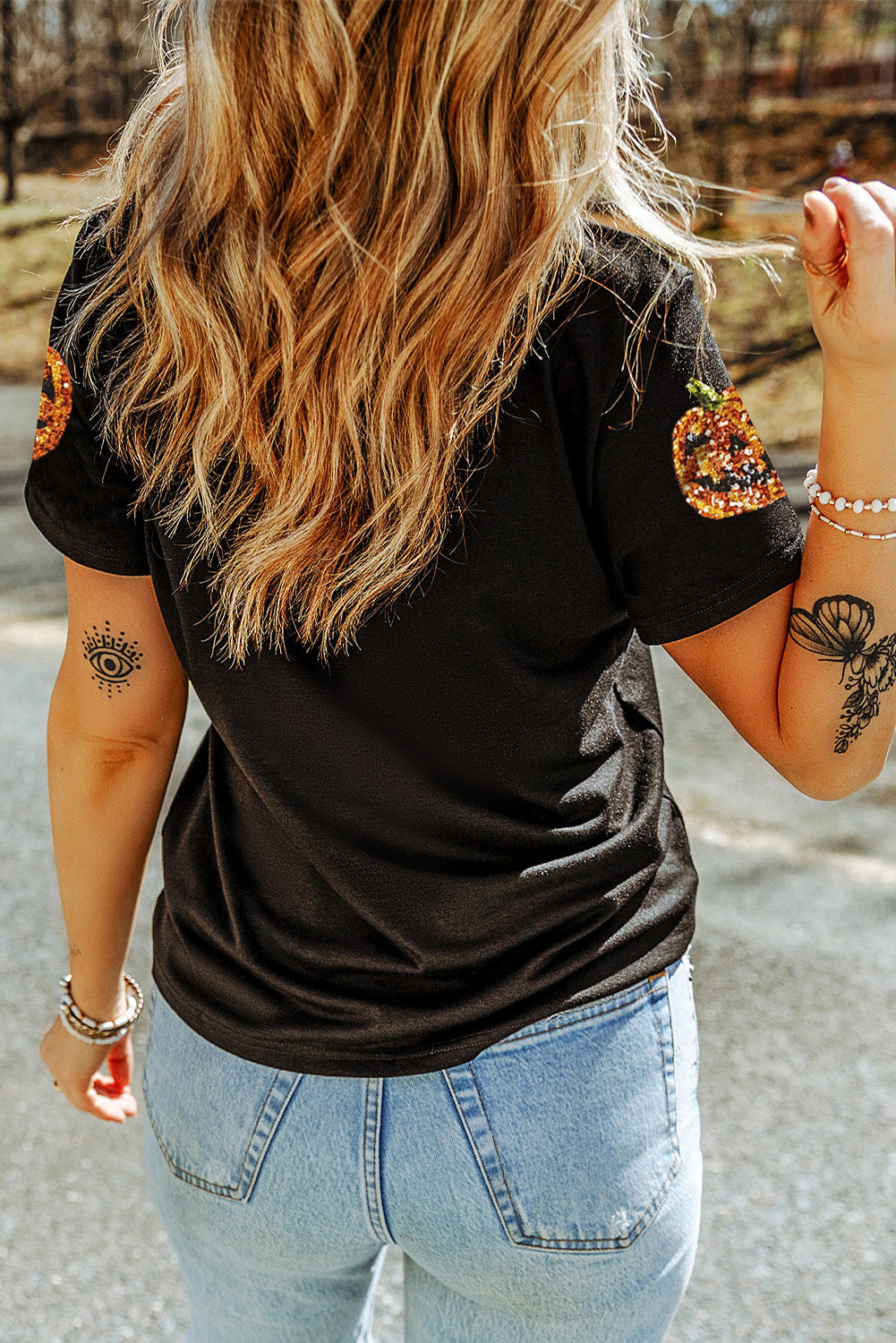 Black Sequin Pumpkin Face Halloween T Shirt 🇺🇸