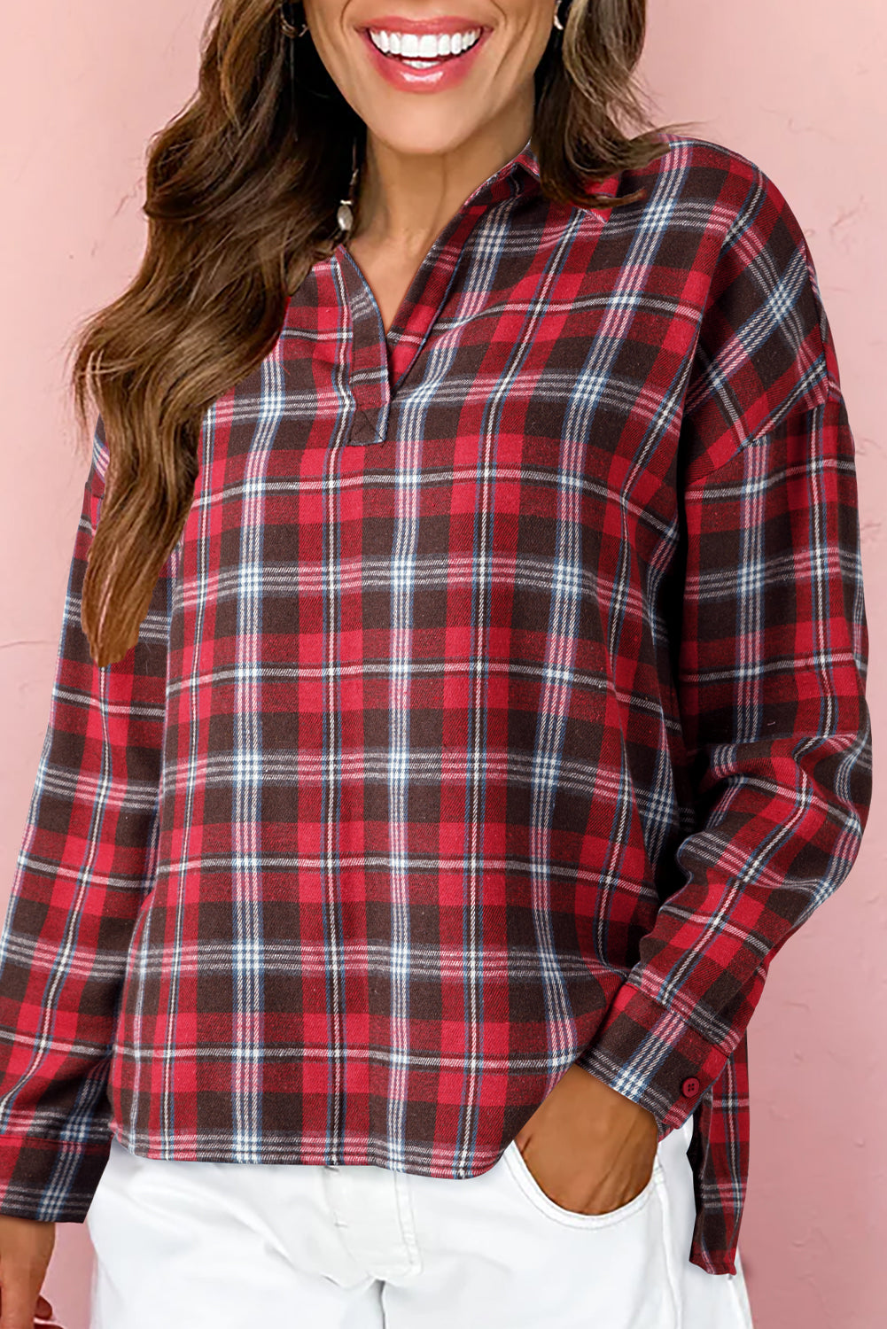 Red Plaid Print Collared V Neck Loose Blouse with Side Slits 🇺🇸