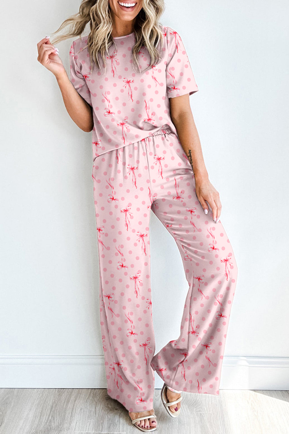 Pink Bow Knot Polka Dot Print Short Sleeve Top Lounge Set 🇺🇸