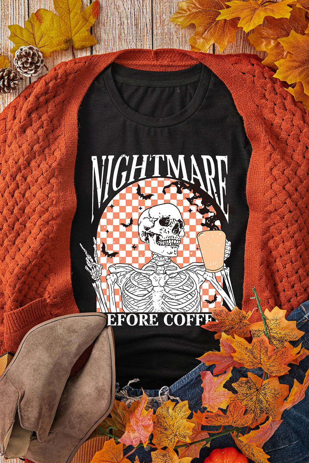 Black Nightmare Before Coffee Skull Checkerboard Graphic Halloween Tee 🇺🇲