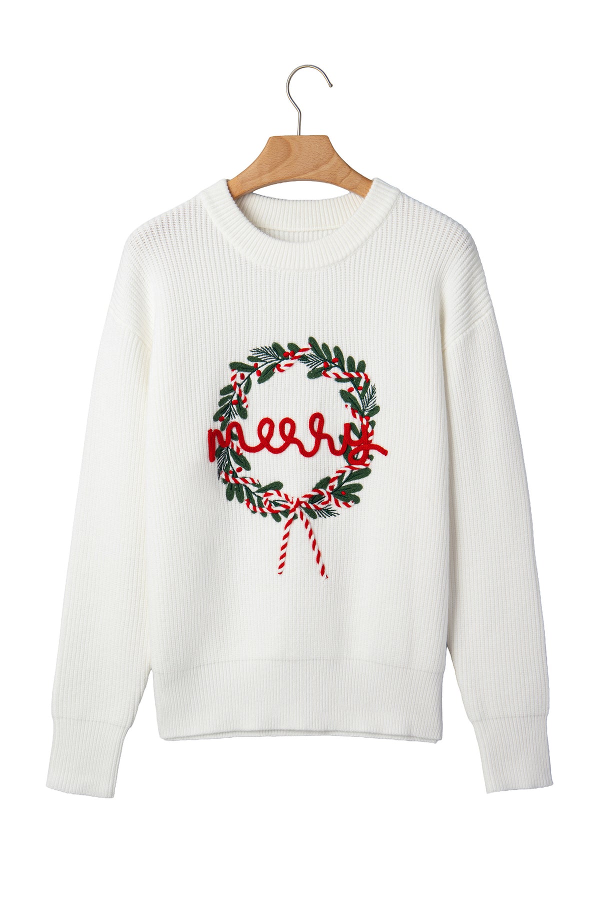 White Christmas Wreath Pattern Round Neck Casual Sweater 🇺🇸
