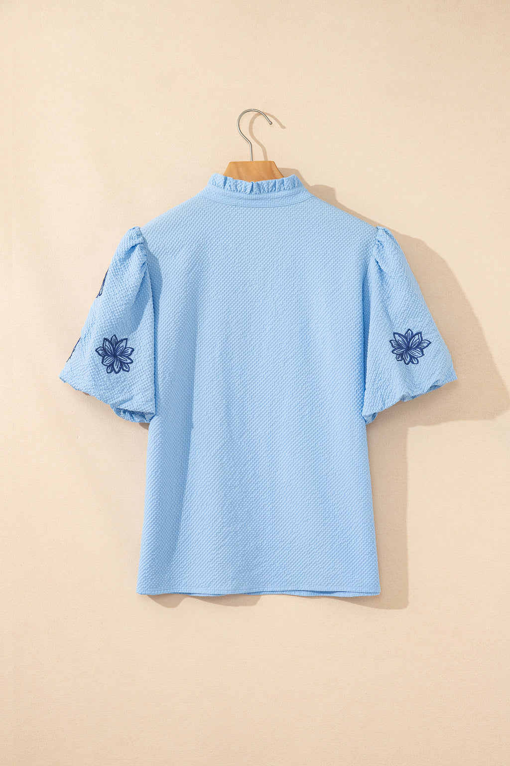 Beau Blue Flower Embroidered Puff Sleeve Split Neck Textured Blouse 🇺🇸
