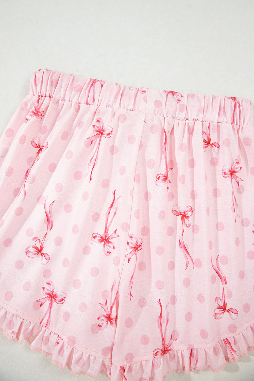Pink Bow Print Contrast Pipping Short Pajamas Set 🇺🇸