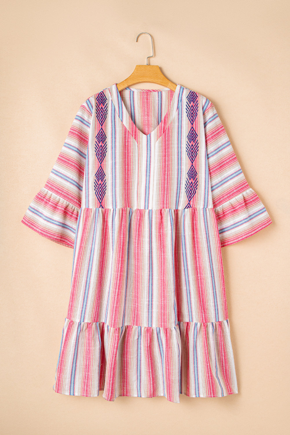 White Stripe Plus Size Embroidered Detail Flared 3/4 Sleeve V Neck Dress 🇺🇲