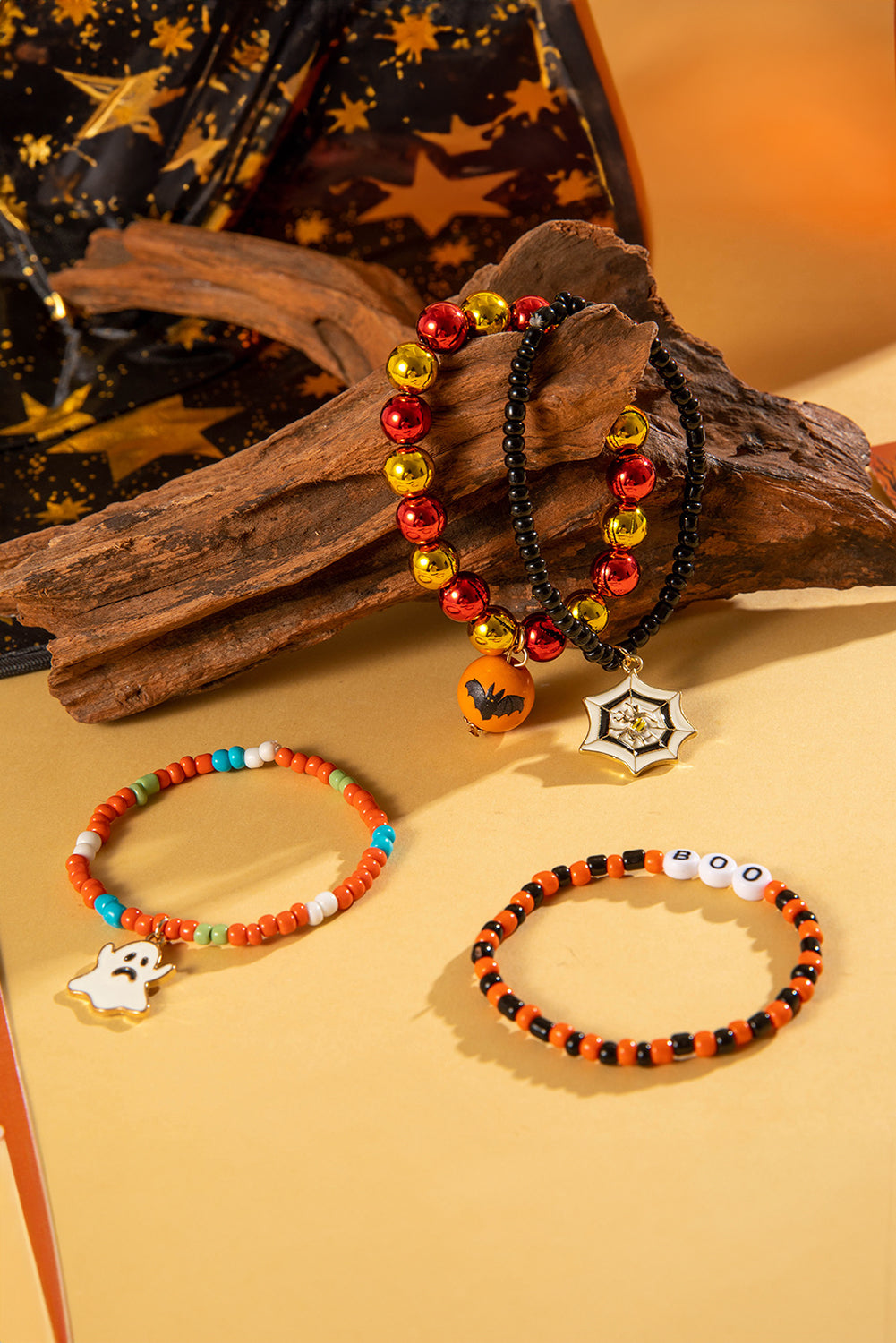Orange 4pcs Halloween Ghost Spider Web Beaded Bracelet Set 🇺🇸