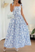 Sky Blue Floral Print Knot Straps High Waist Flared Maxi Dress 🇺🇸