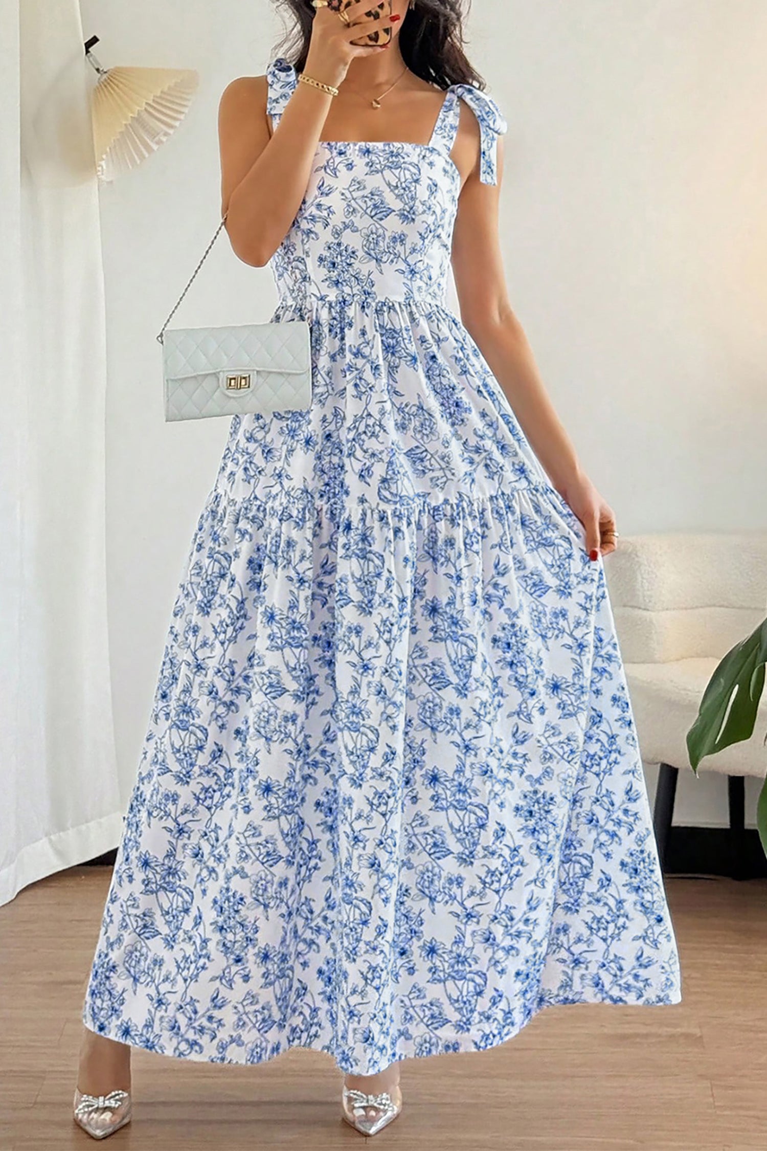 Sky Blue Floral Print Knot Straps High Waist Flared Maxi Dress 🇺🇸
