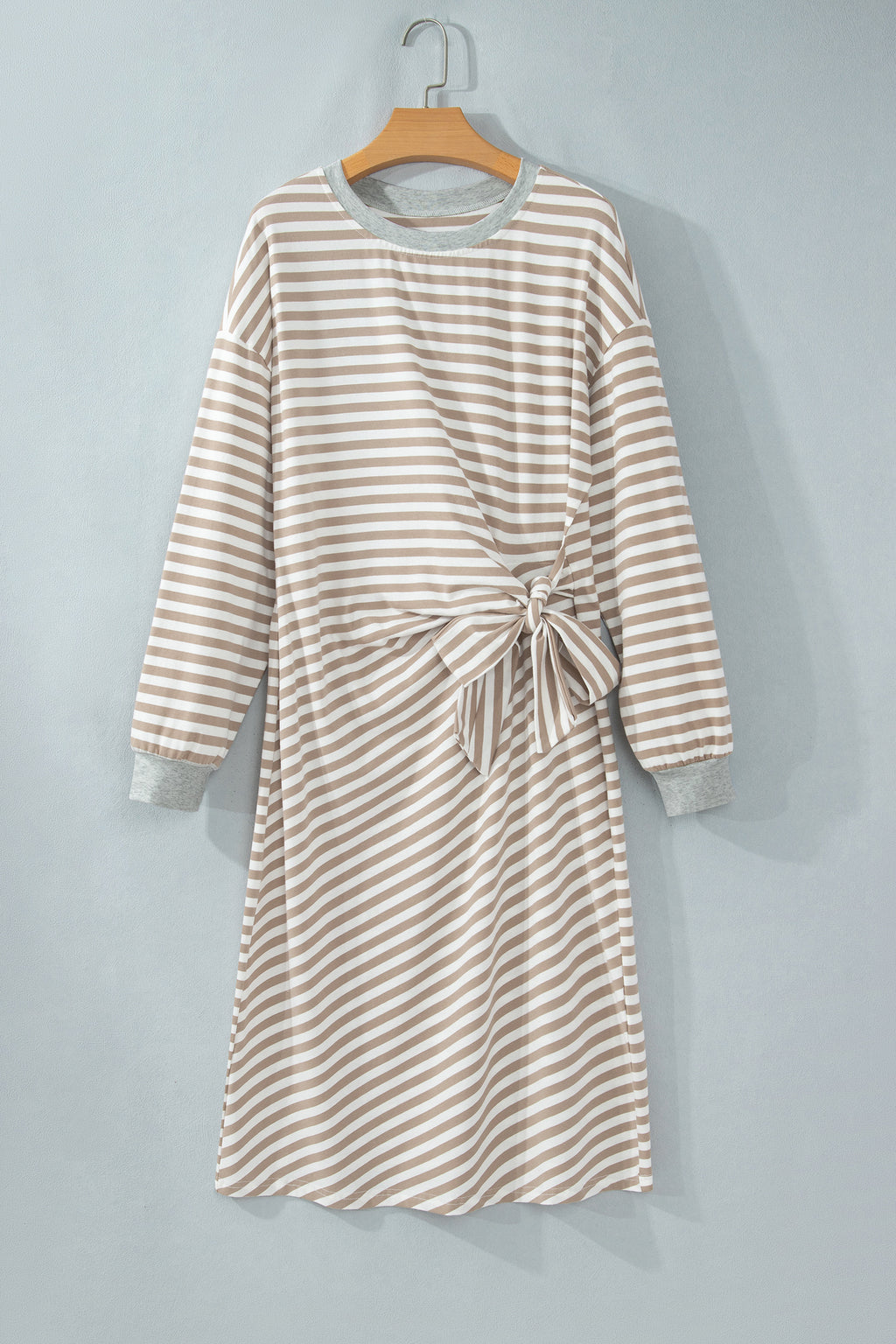 Khaki Stripe Striped Colorblock Cuffs Round Neck Long Sleeve Shift Dress 🇺🇸