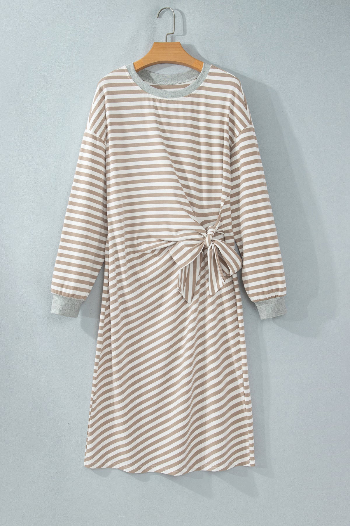 Khaki Stripe Striped Colorblock Cuffs Round Neck Long Sleeve Shift Dress 🇺🇸