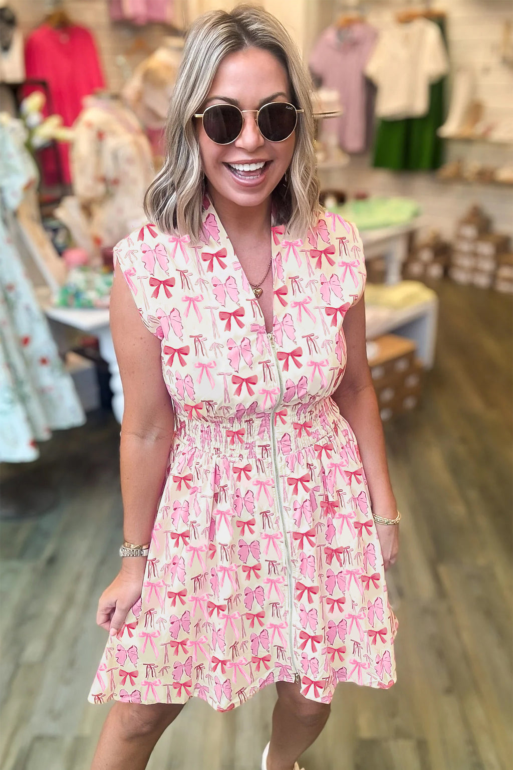 Pink Full Zip Cinched Waist Sleeveless Bow Mini Dress 🇺🇸