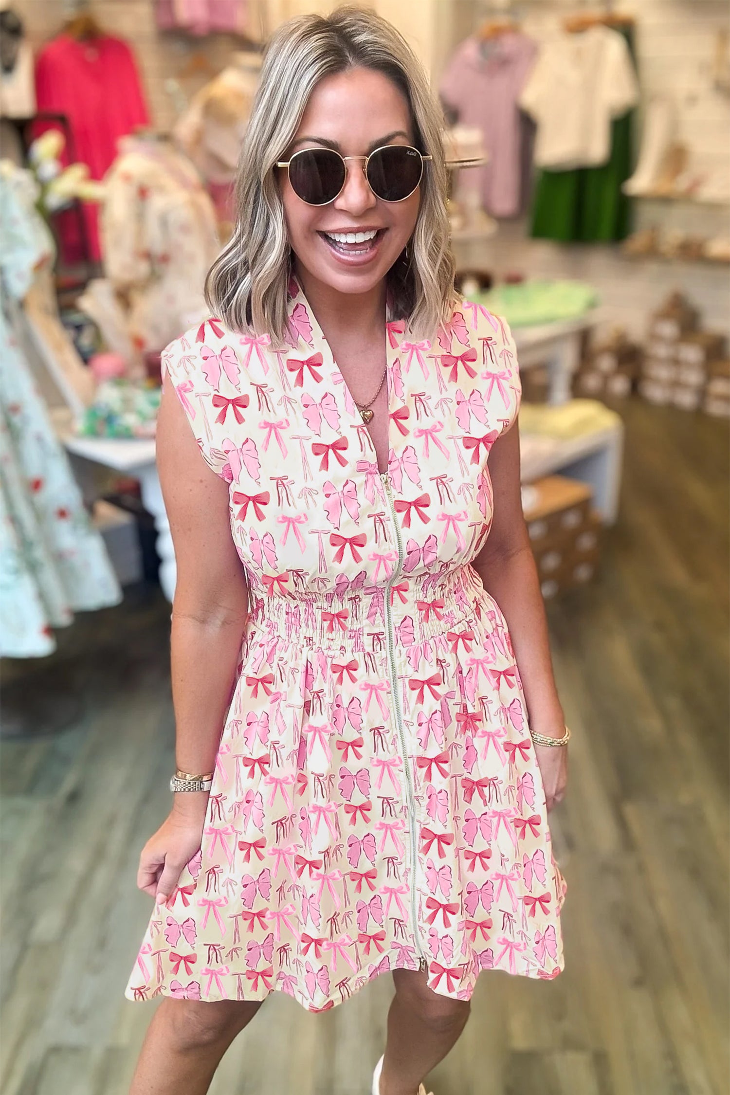 Pink Full Zip Cinched Waist Sleeveless Bow Mini Dress 🇺🇸