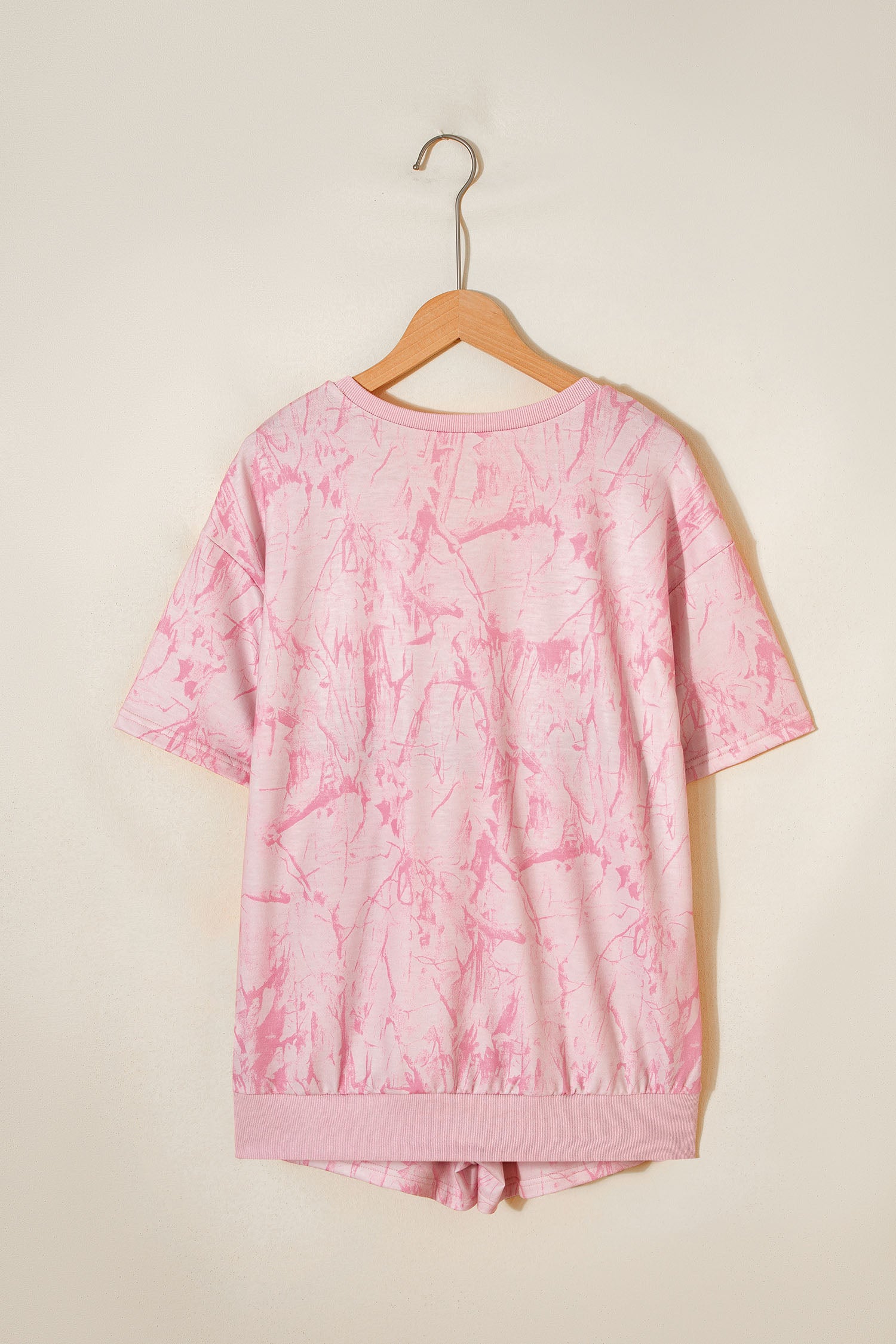 Pink Abstract Print V Neck Loose Tee Drawstring Shorts 2pcs Outfit 🇺🇸