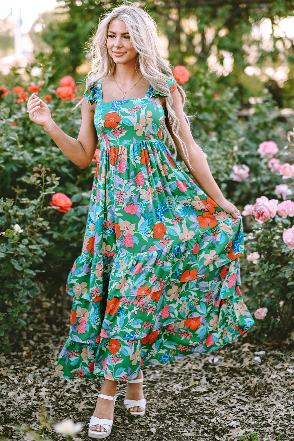 Green Floral Print Sleeveless Ruffle Tiered Maxi Dress 🇺🇸