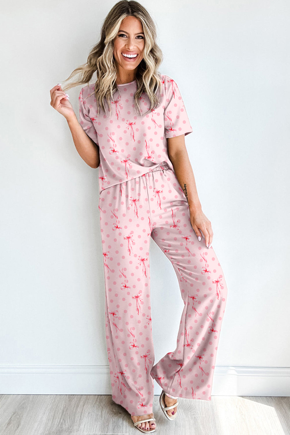 Pink Bow Knot Polka Dot Print Short Sleeve Top Lounge Set 🇺🇸