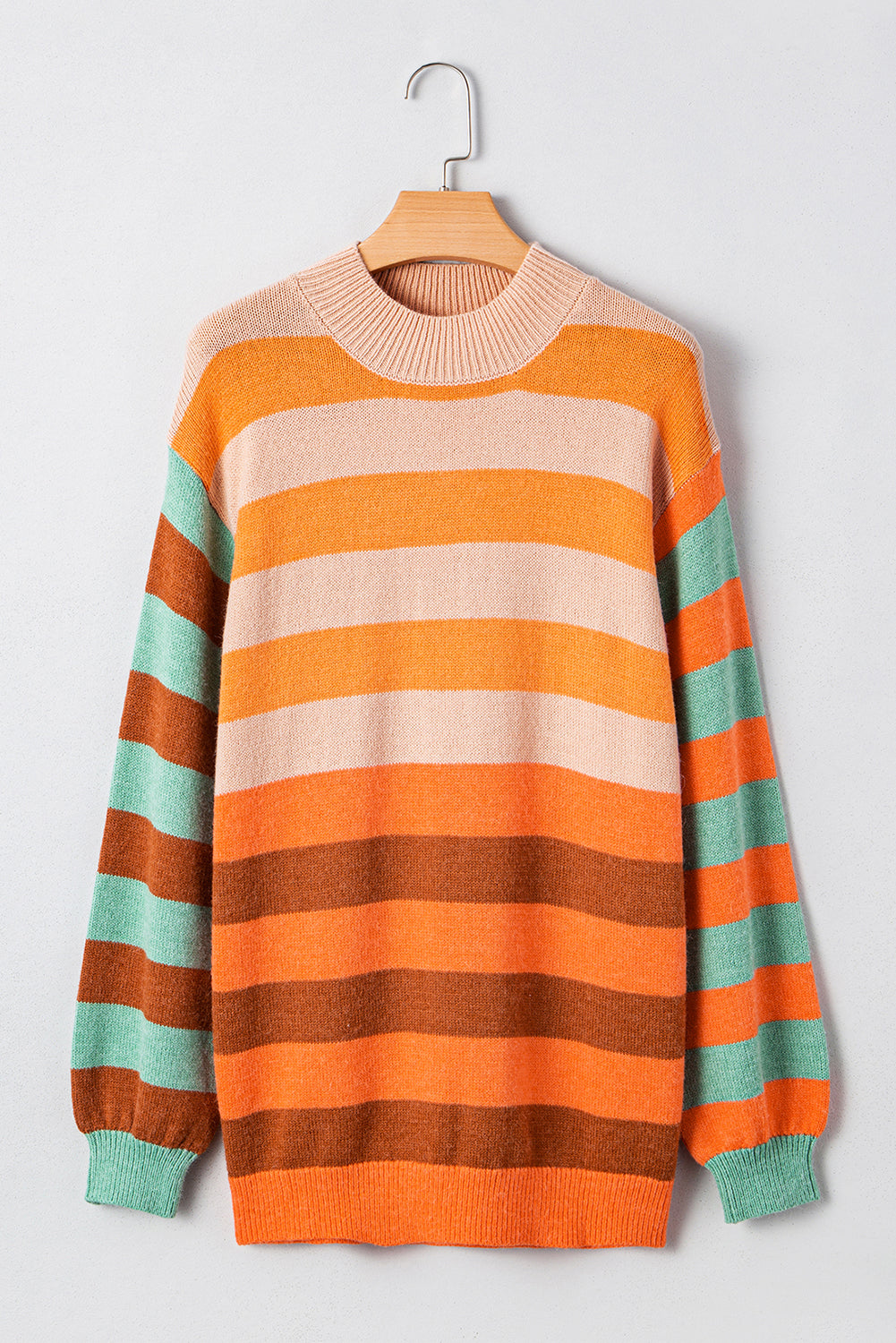 Orange Stripe Color Block High Neck Drop Shoulder Cozy Sweater 🇺🇲
