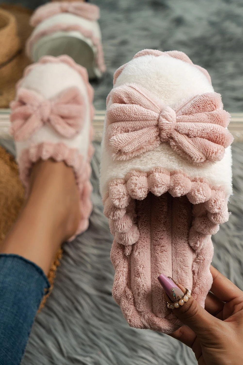 Fushia Bow Decor Color Block Ribbed Plush Slippers 🇨🇳