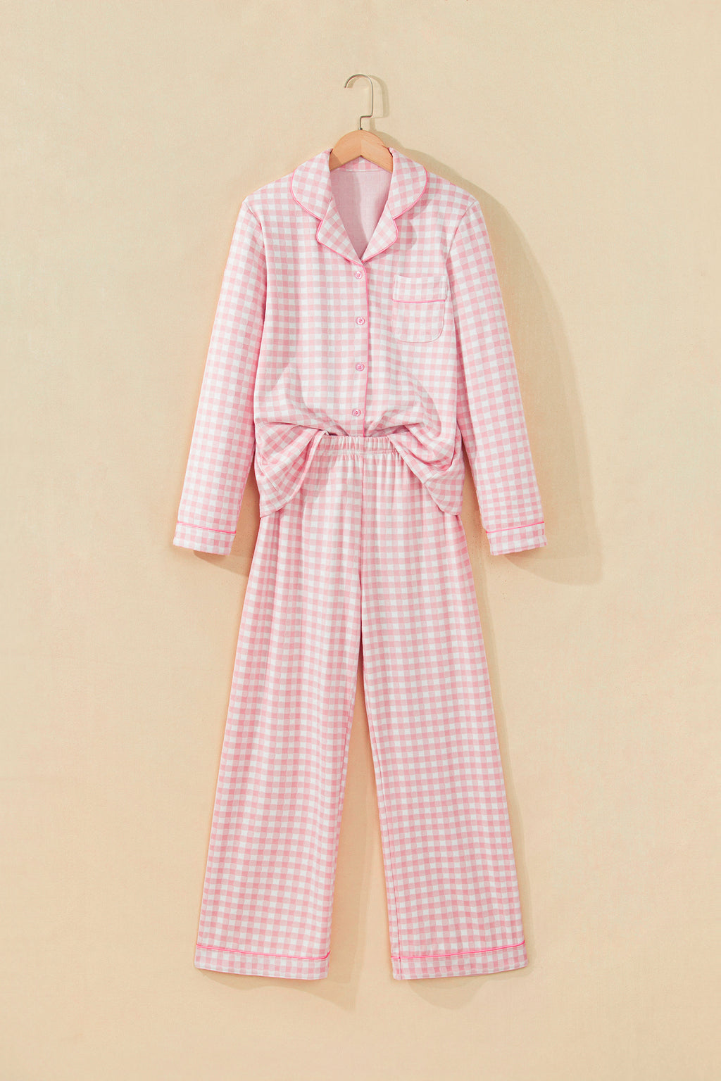 Pink Gingham Long Sleeve Lapel Shirt 2pcs Pajama Pant Set 🇺🇸