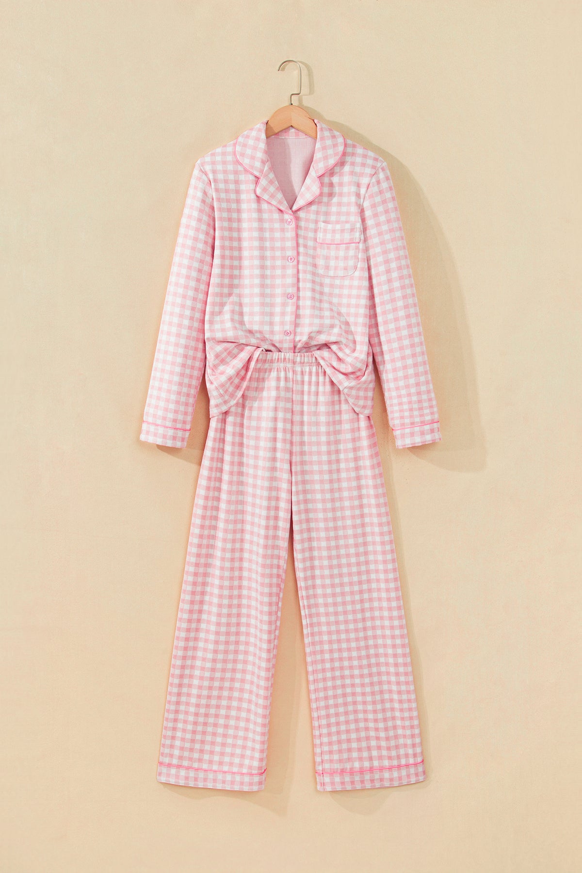 Pink Gingham Long Sleeve Lapel Shirt 2pcs Pajama Pant Set 🇺🇸