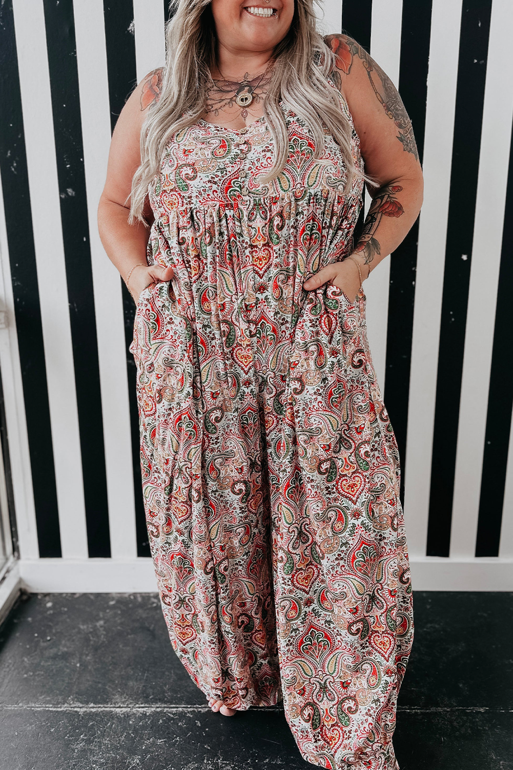 Multicolour Plus Size Paisley Print Sleeveless V Neck Jogger Jumpsuit 🇨🇳