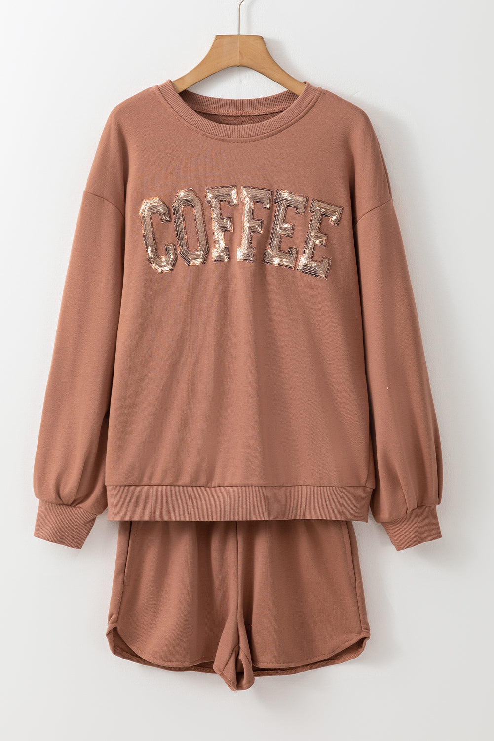 Straw Yellow Sequined COFFEE Loose Fit Sweatshirt and Shorts Set 🇺🇸