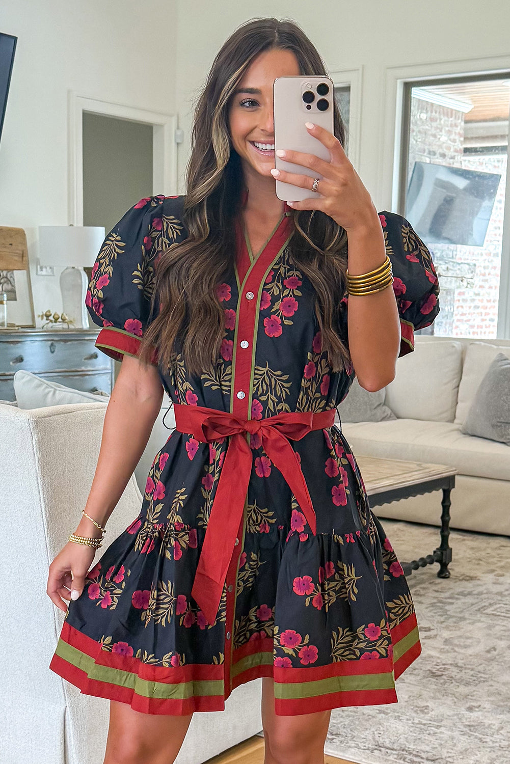 Black Retro Floral Print Button Down Belted Short Puff Sleeve Mini Dress 🇺🇸