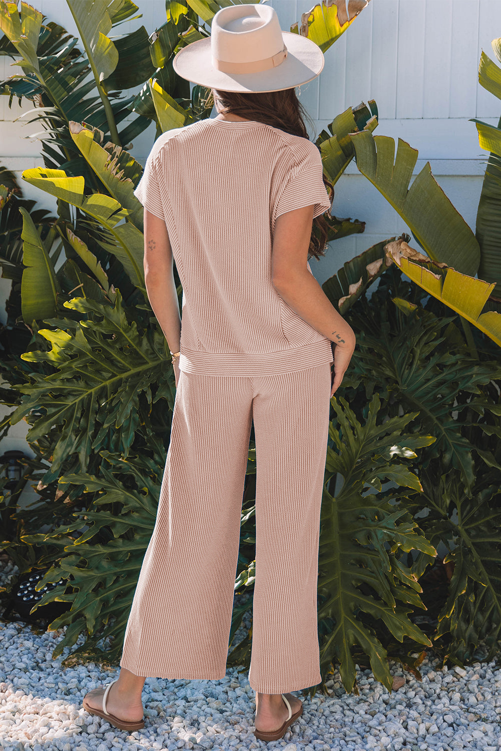 Smoke Gray Solid Corded Knit Short Sleeve T Shirt and Wide Leg Pants Set 🇨🇳