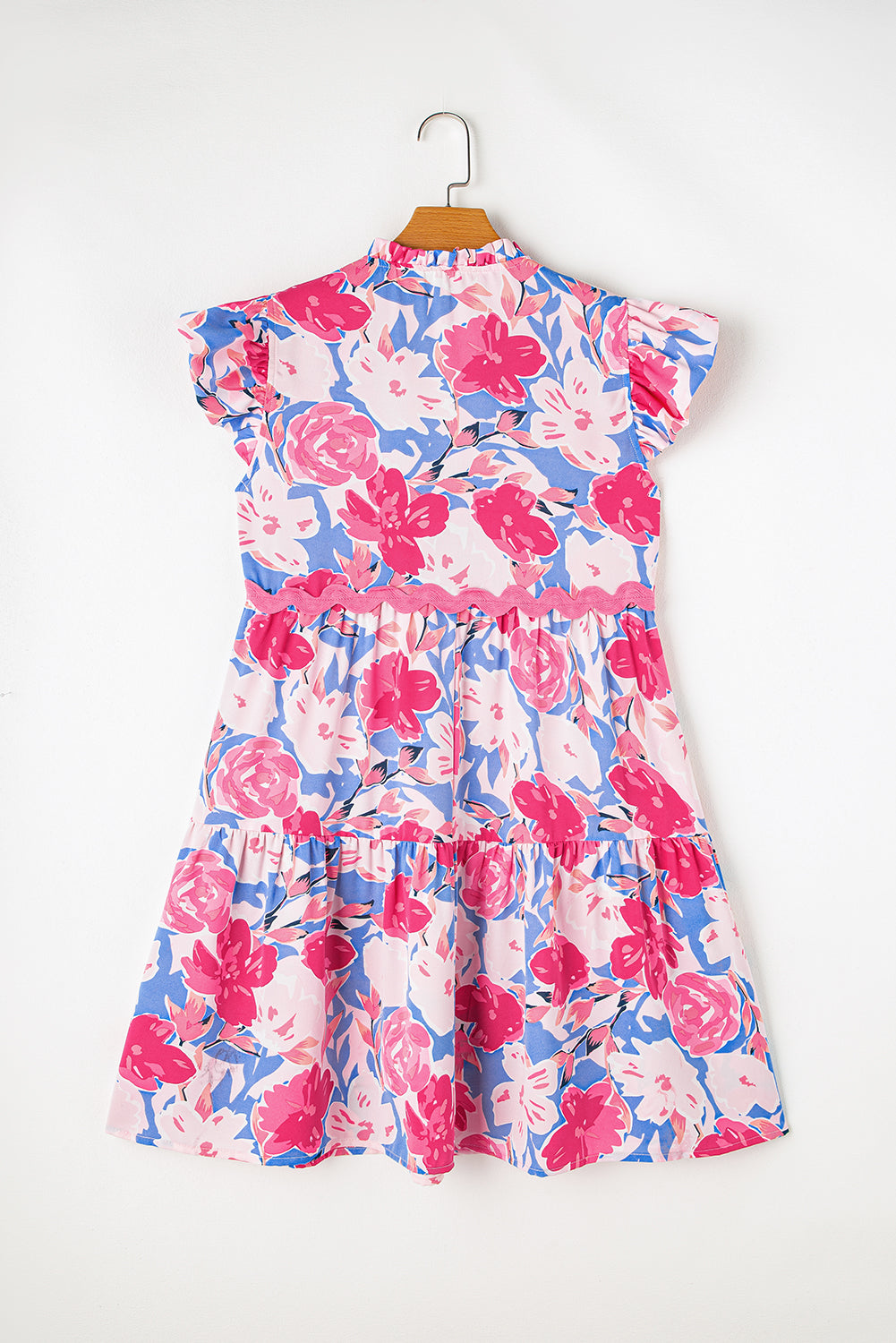 Pink Floral Printed V Notched Ric Rac Flutter Sleeve Dress 🇺🇸