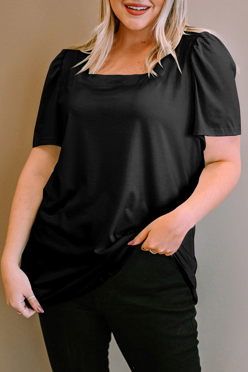 Black Plus Size Square Neck Ruched Shoulder Short Sleeve Top 🇺🇸