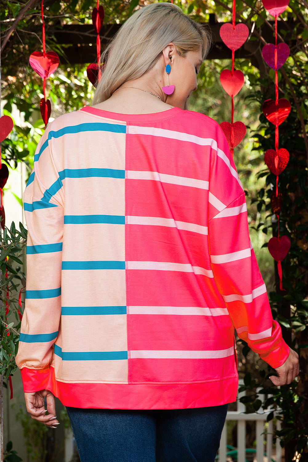 Rose Stripe Color Block Crewneck Long Sleeve Plus Size T Shirt 🇺🇸