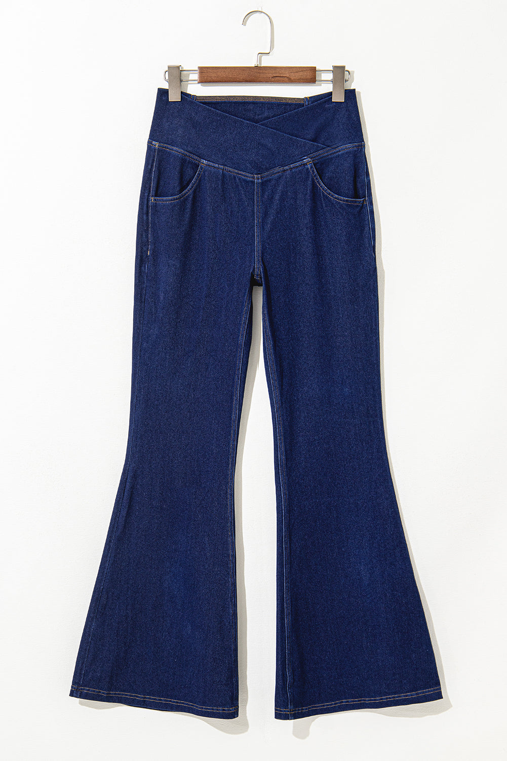 Dusk Blue Solid Crossed Waist High Elastic Fit Flare Knit Jeans 🇨🇳