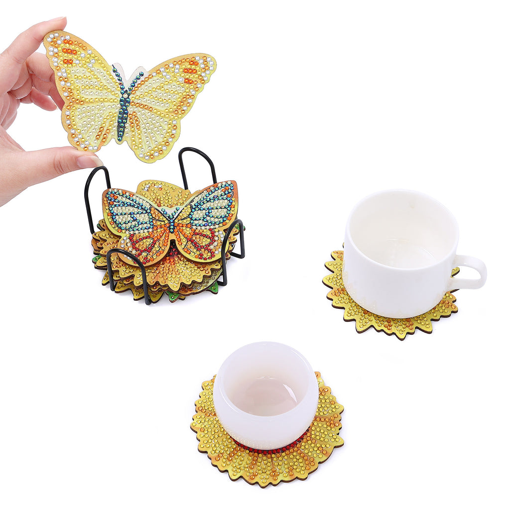 10 Pieces DIY Crystal Glitter Diamond Painted Wooden Art Coaster With Stand Sunflower Style 🇨🇳
