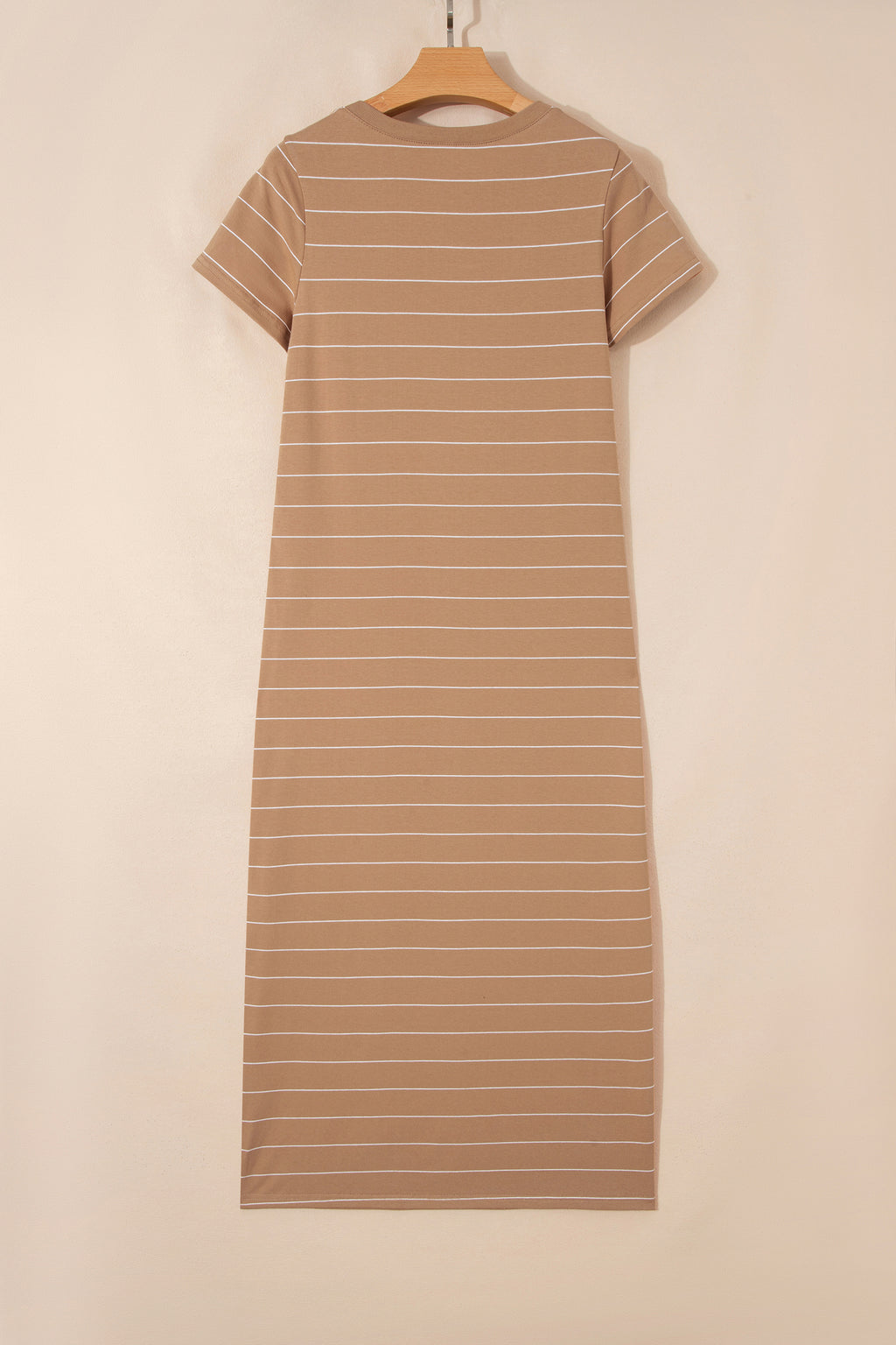 Khaki Stripe Casual Short Sleeve Side Slit Maxi T Shirt Dress 🇺🇸
