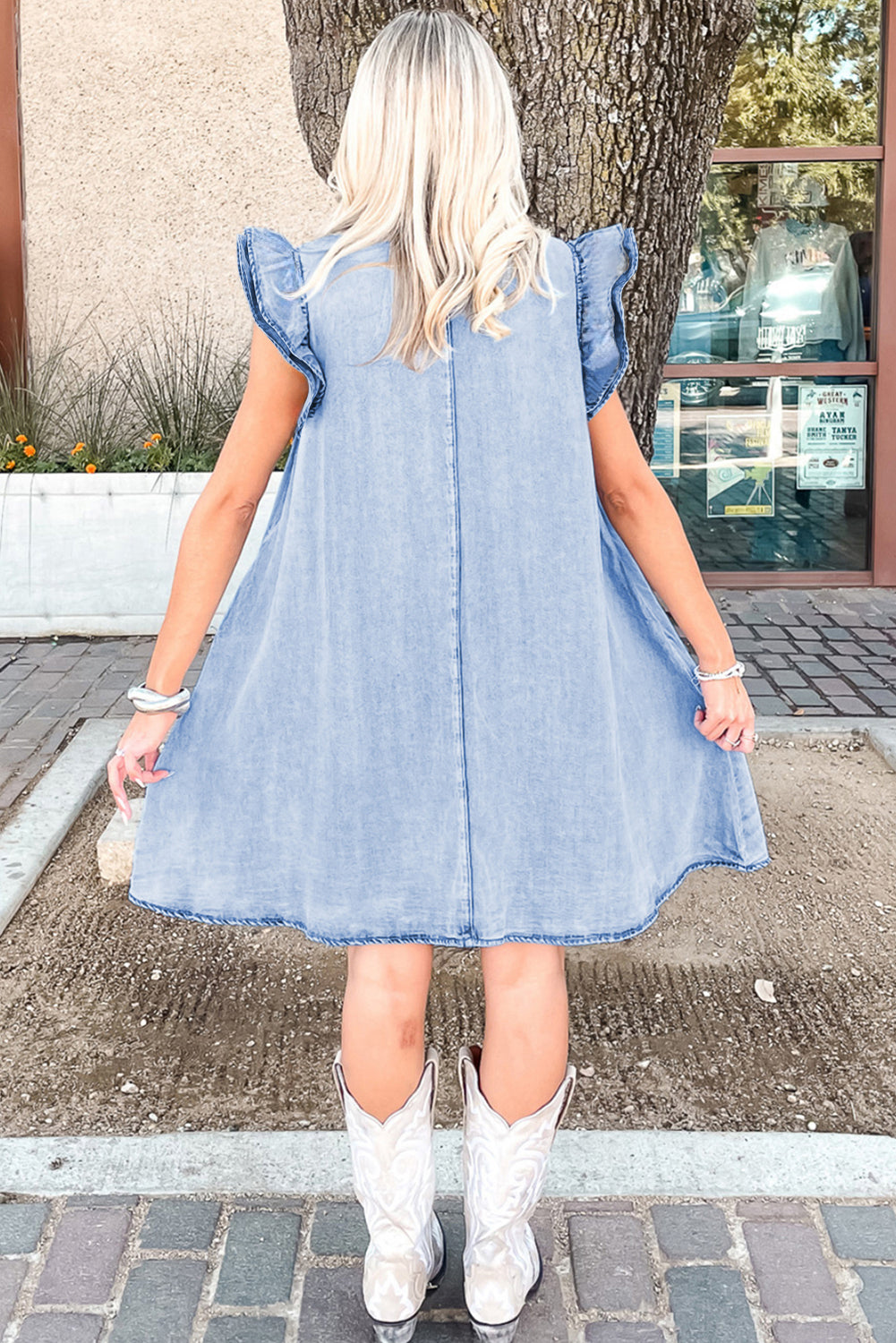 Beau Blue Double Ruffled Sleeves Buttoned A-line Collared Mini Denim Dress 🇨🇳