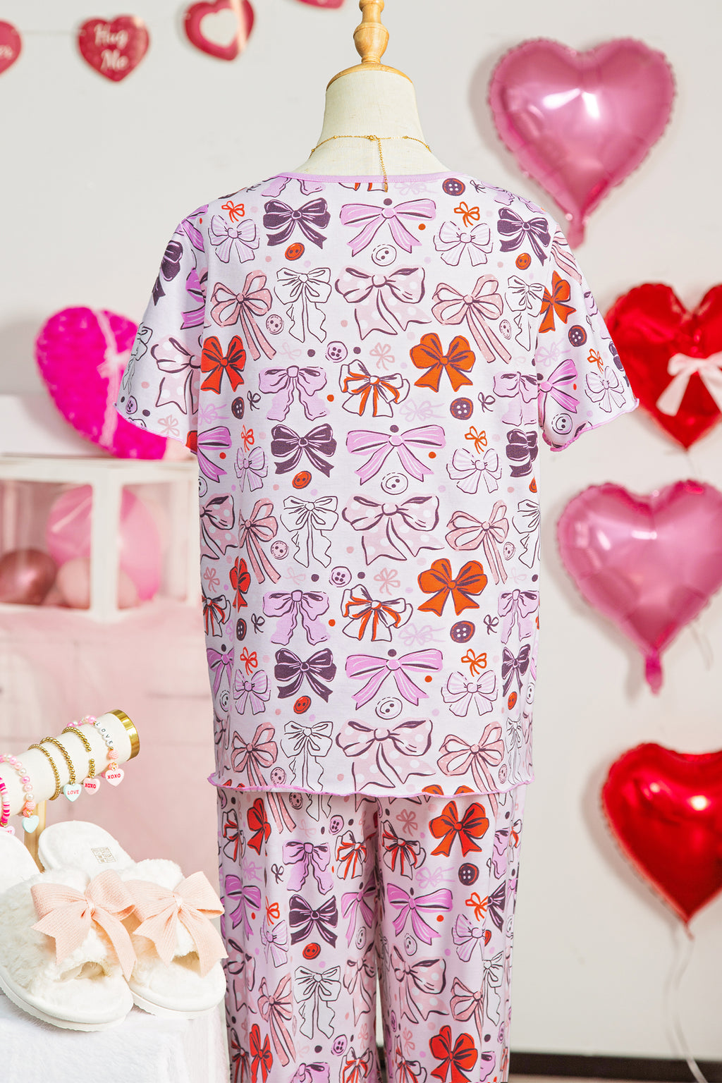 Pink Diverse Bows Buttons Printed Contrast Trim Short Sleeve Shirt Pajama Pant Set 🇺🇸