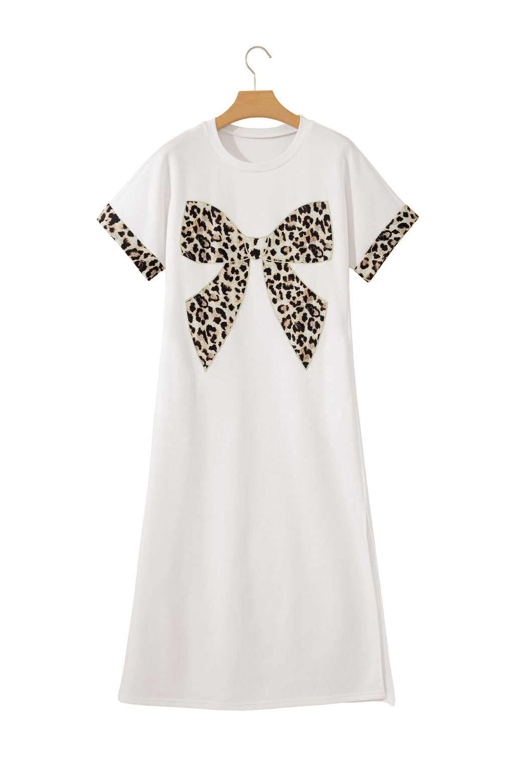 White Contrast Leopard Bow Patched Short Sleeve T Shirt Long Dress 🇺🇸
