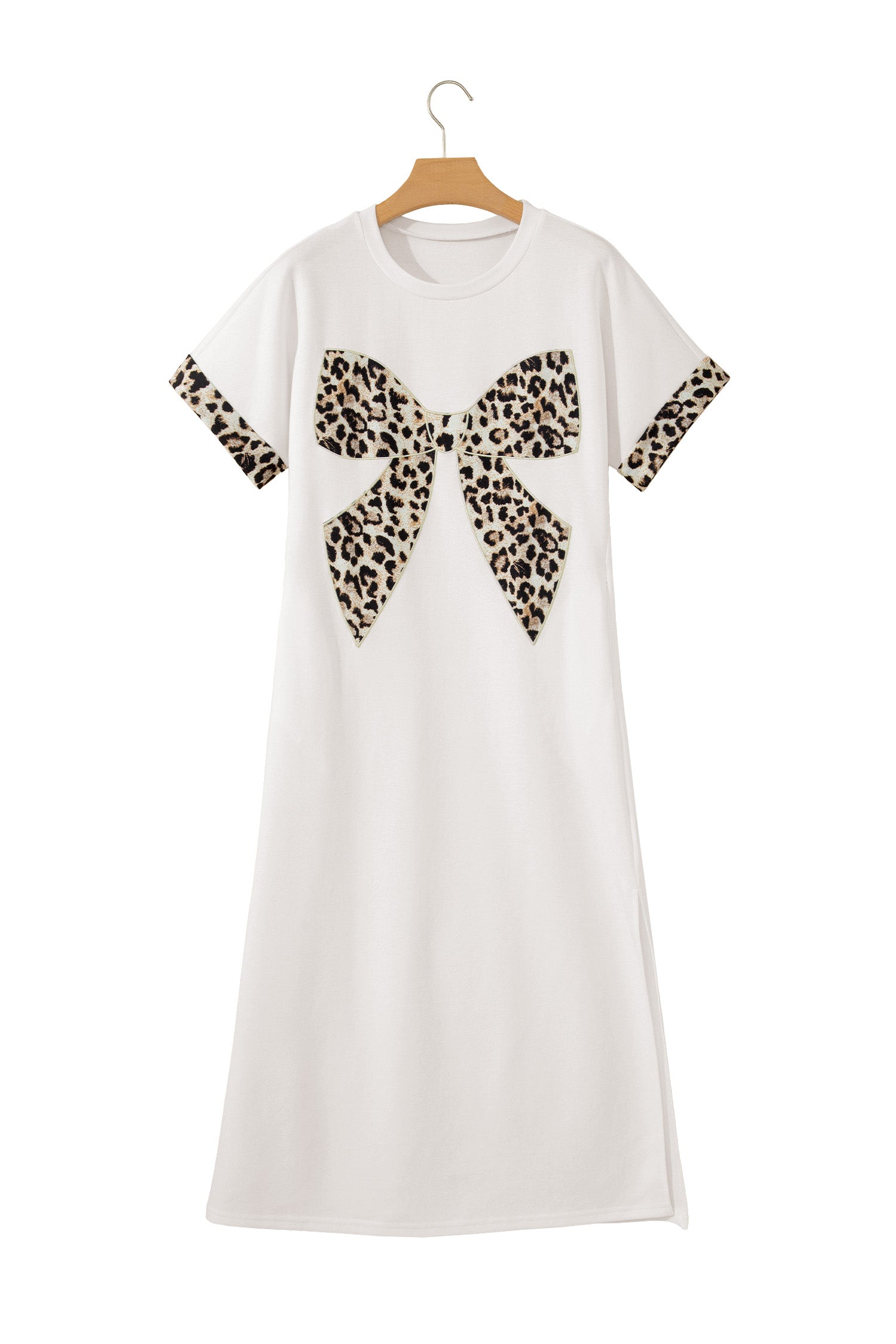 White Contrast Leopard Bow Patched Short Sleeve T Shirt Long Dress 🇺🇸