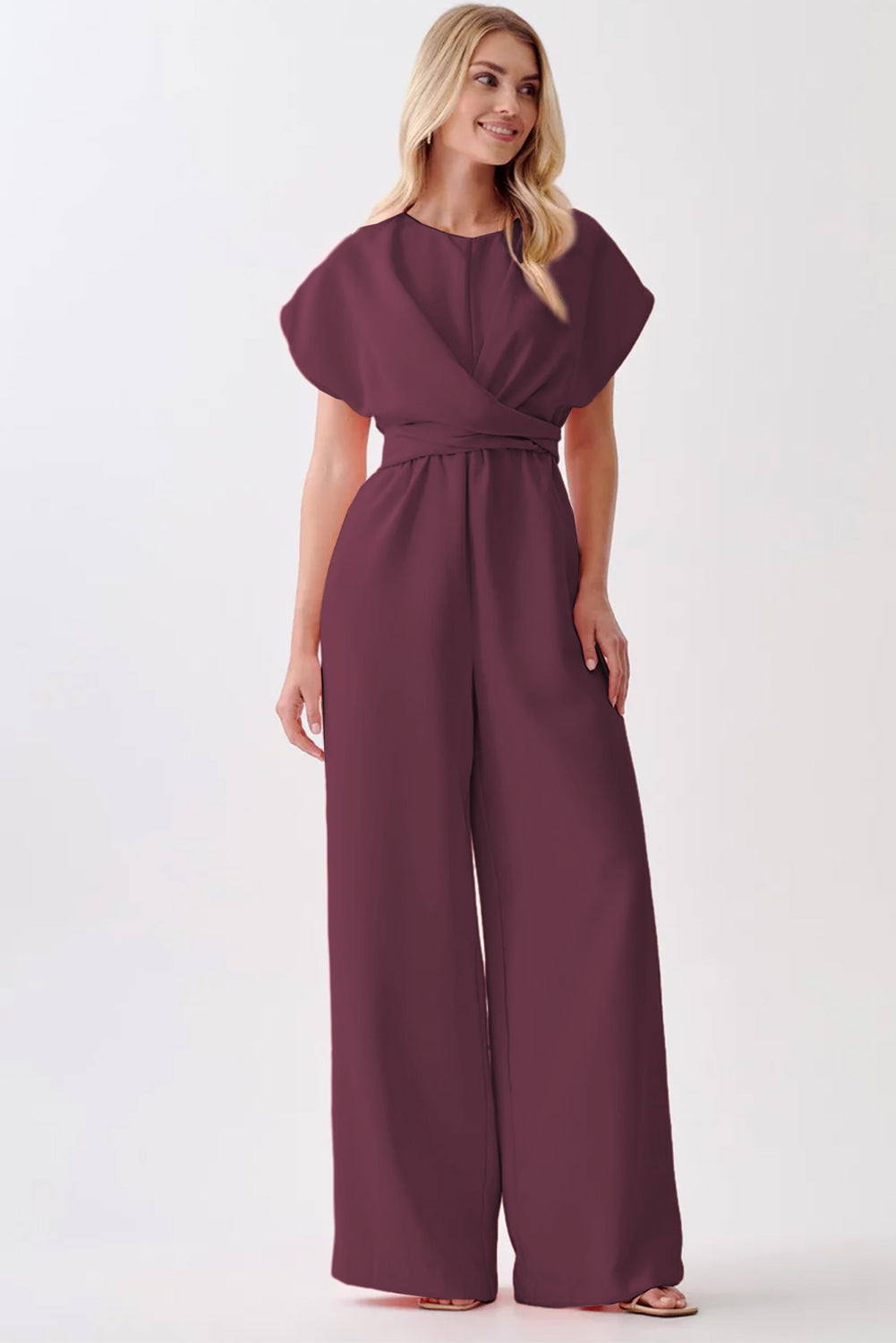 Burgundy Solid Color Cap Sleeve Knot Waist Shift Jumpsuit 🇺🇸