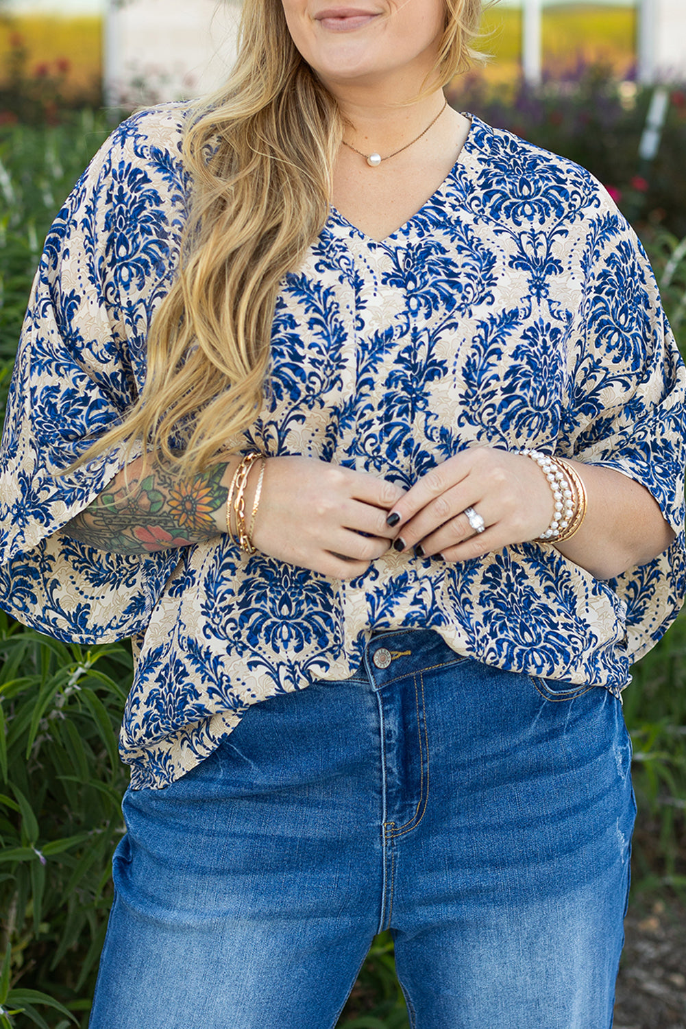 Blue Plus Size Ethnic Printed 3/4 Sleeve V Neck Loose Blouse 🇨🇳
