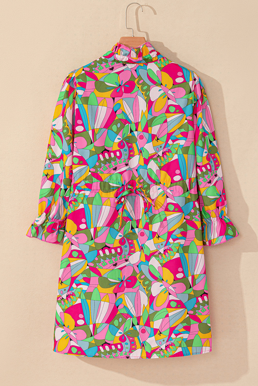 Pink Abstract Printed Lantern Sleeve Buttoned Mini Dress 🇺🇸
