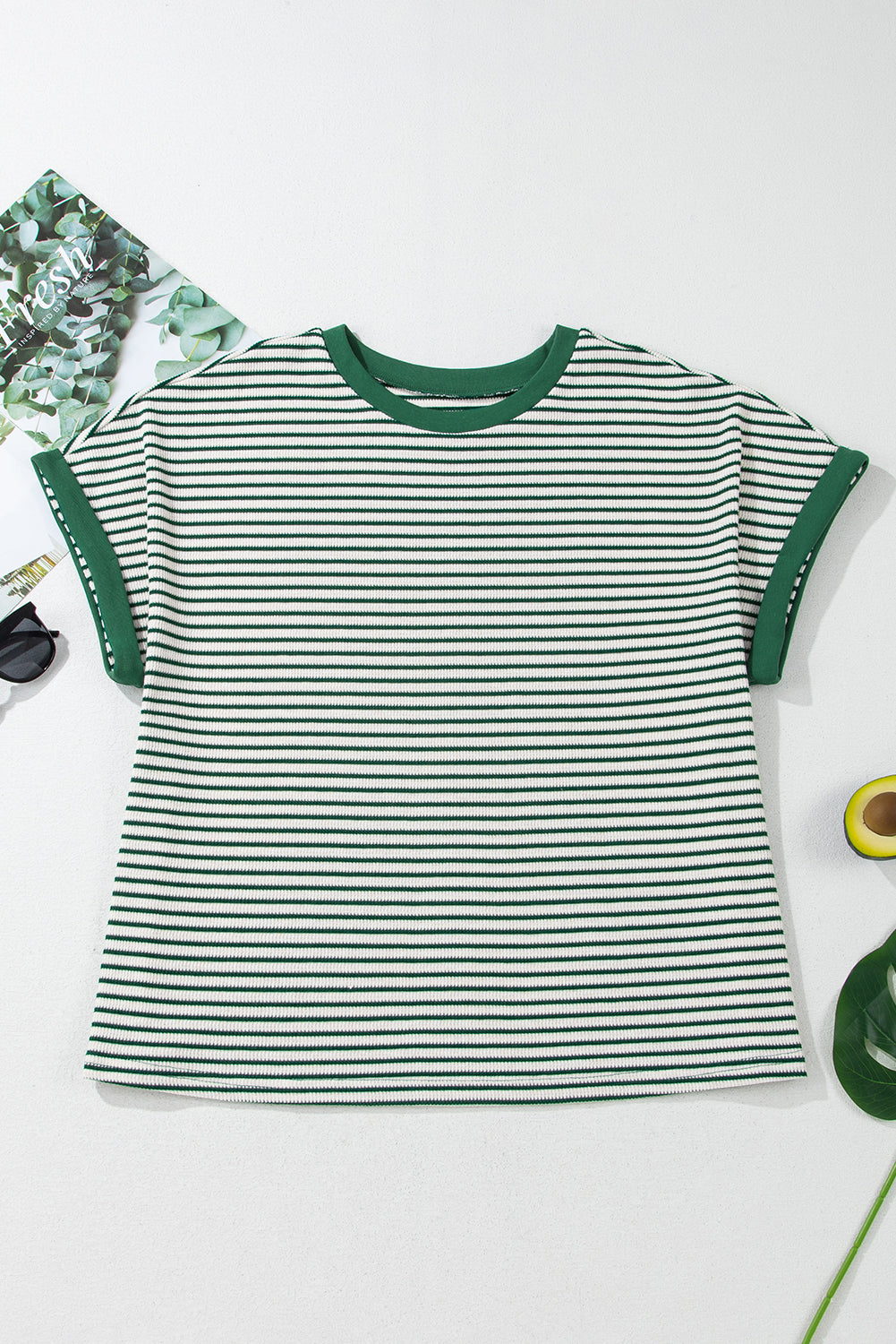Green Stripe Trimmed Round Neck Plus Size Boxy Fit T-shirt 🇨🇳
