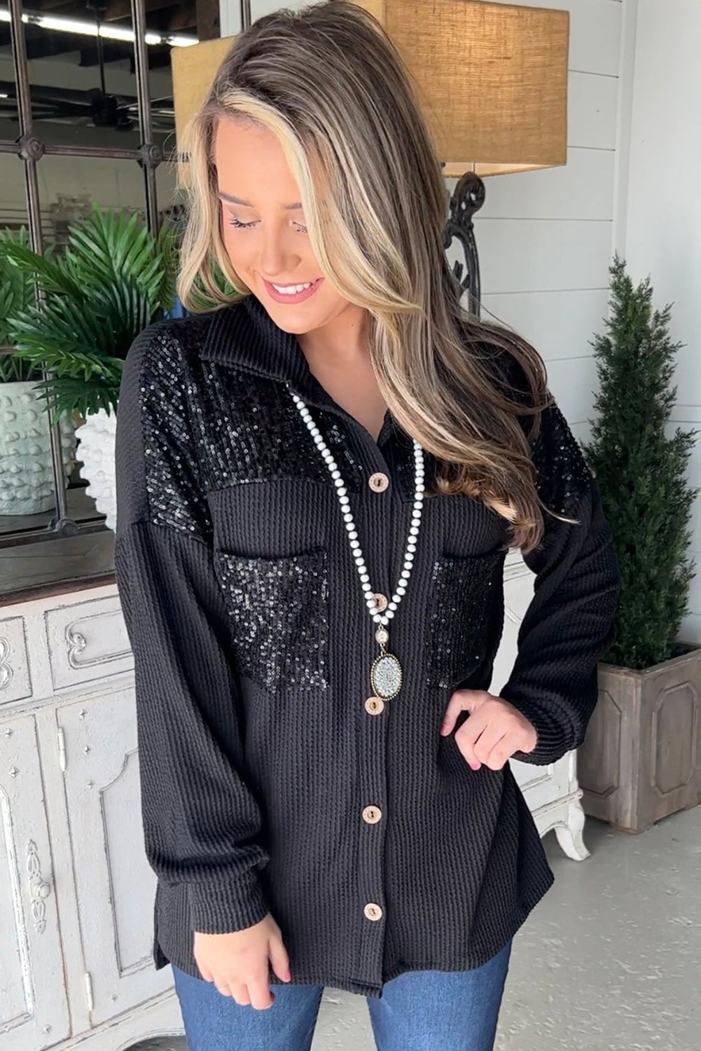 Black Sequin Patch Chest Pocket Corded Shacket 🇺🇲