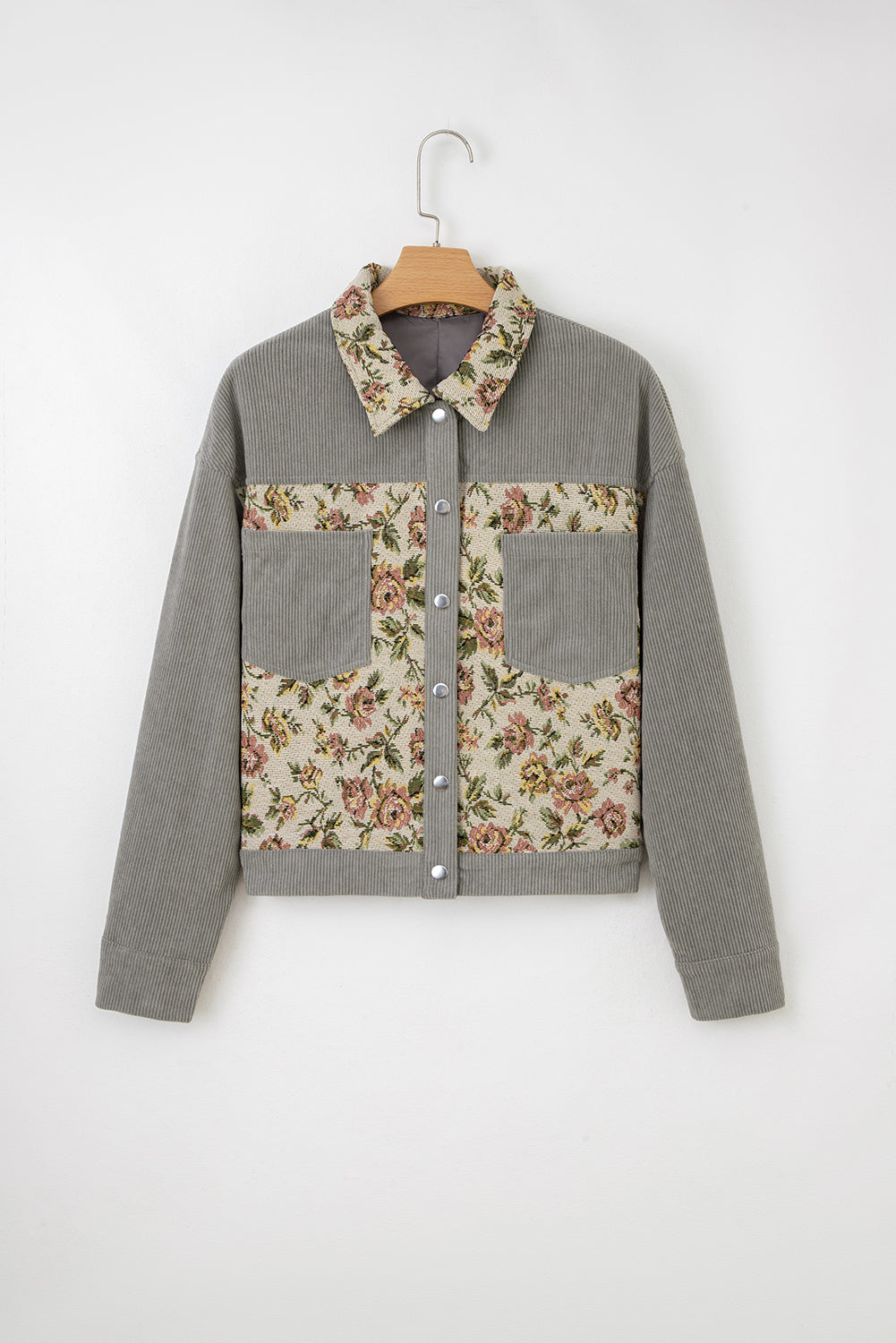 Medium Grey Ribbed Retro Floral Patchwork Shirt Style Jacket 🇺🇸