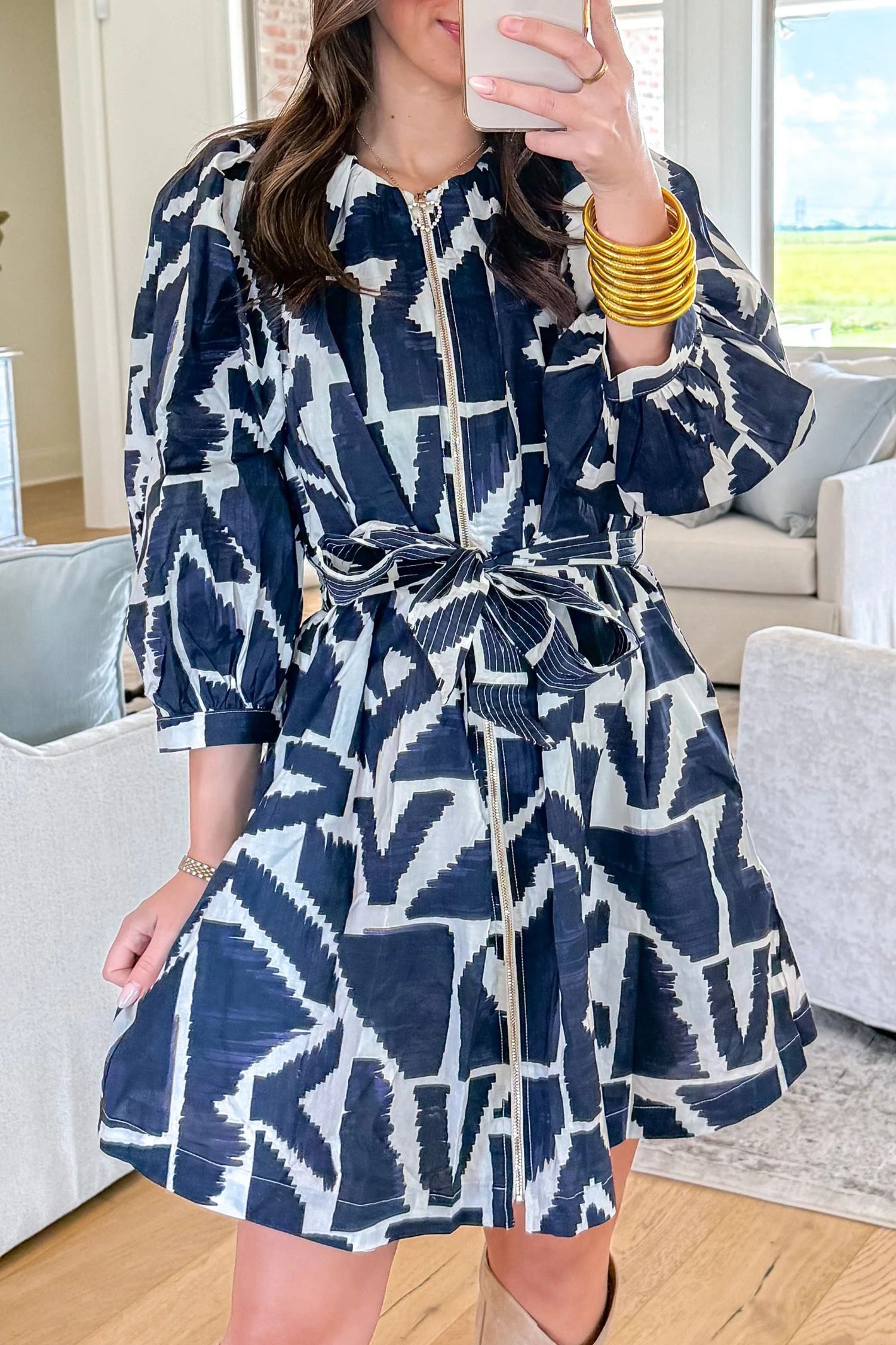 Blue Abstract Geometric Print Zip Front Tie Waist Shift Dress 🇺🇸