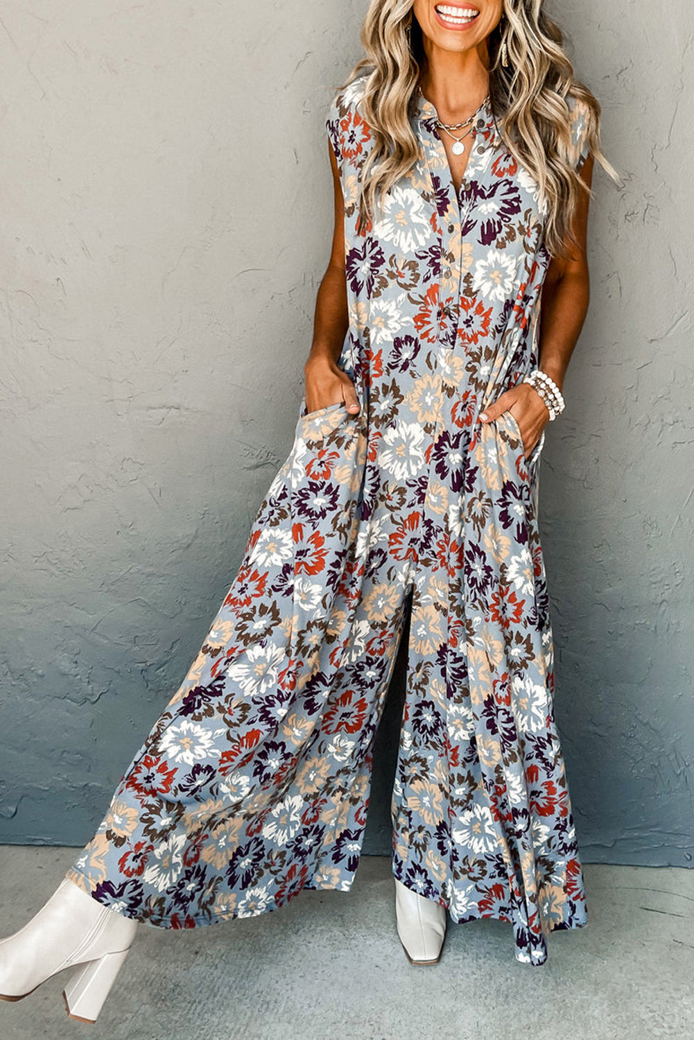 Sky Blue Floral Sleeveless Buttoned Pocketed Wide Leg Jumpsuit 🇺🇸
