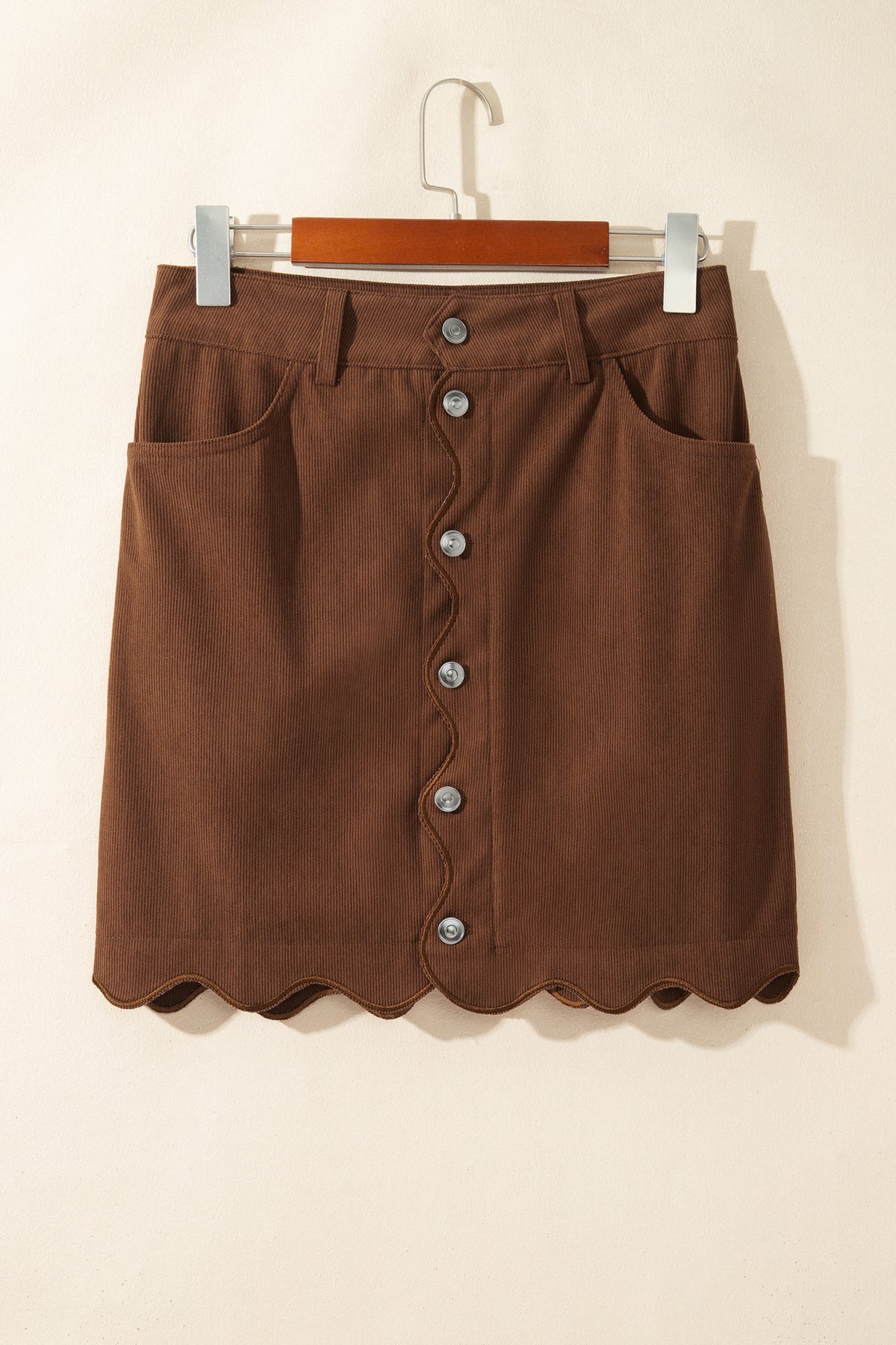 Coffee Button Front Corduroy Mini Pockets Sheath Silhouette Skirt 🇺🇸