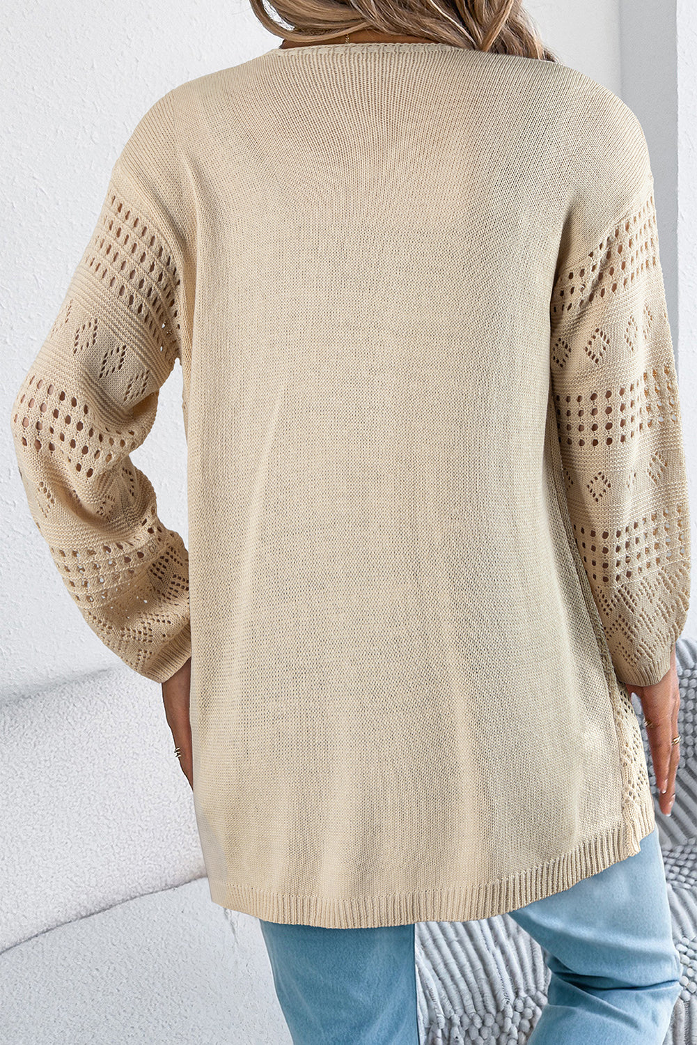 Smoke Gray Solid Color Hollowed Knit Open Front Cardigan Sweater 🇺🇸